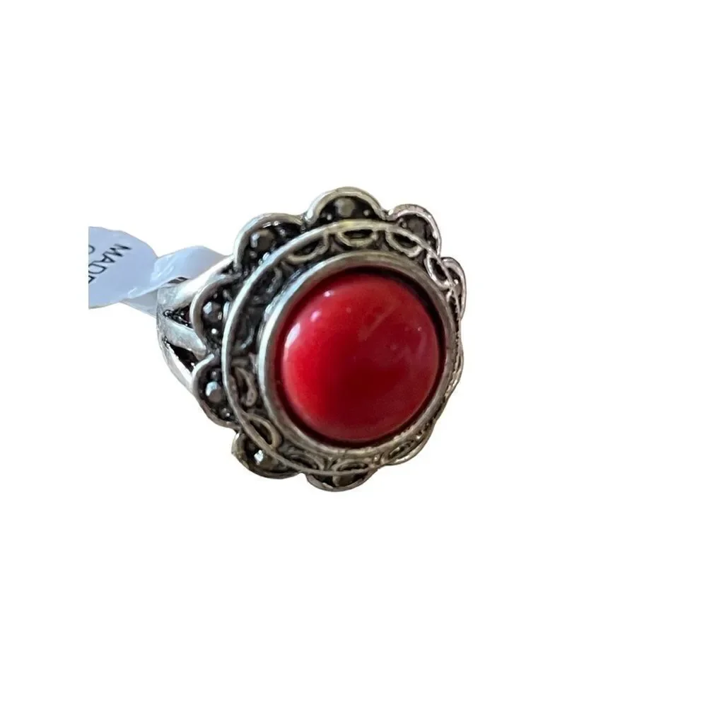 NWT silver tone marcasite like stones with red round center stone ring US size 8